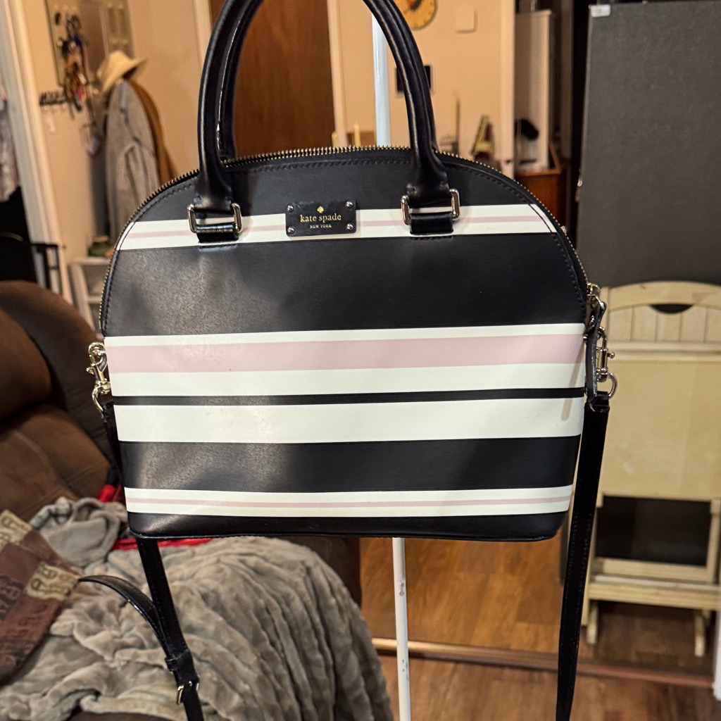 Kate Spade Black, White, And Pink Striped Carli Satchel
